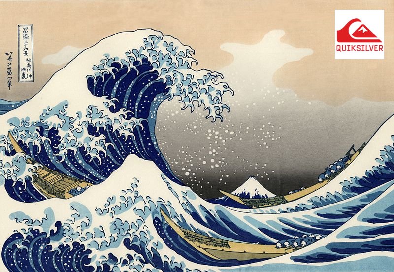Die Idee zum Quiksilver-Logo entstammt einem 1832 von Hokusai veröffentlichten Holzschnitt mit dem Titel "Die Große Welle von Kanagawa"