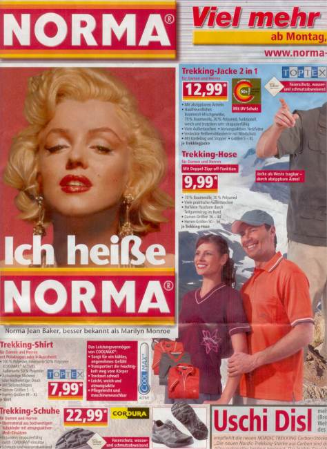 Auf den brgerlichen Namen der Sexgttin Marilyn Monroe spielt der aktuelle Prospekt der Supermarktkette NORMA an (18. Mrz 2006)