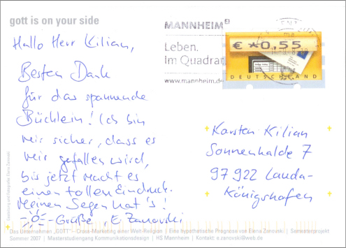 Neben der auf der Postkarte zu sehenden "Beichtsäule" finden Sie nach einem Klick weitere Arbeiten der Gestalterin Elena Zanovski zum Thema "Glaube, Liebe, Design"